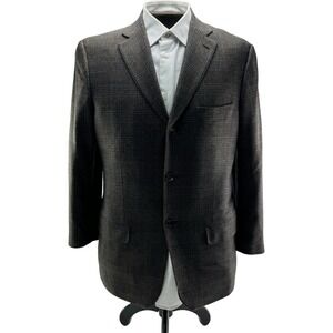 Isaia Brown Wool Cashmere Blazer 3 Button Ventless Size 42R Black & Blue Check